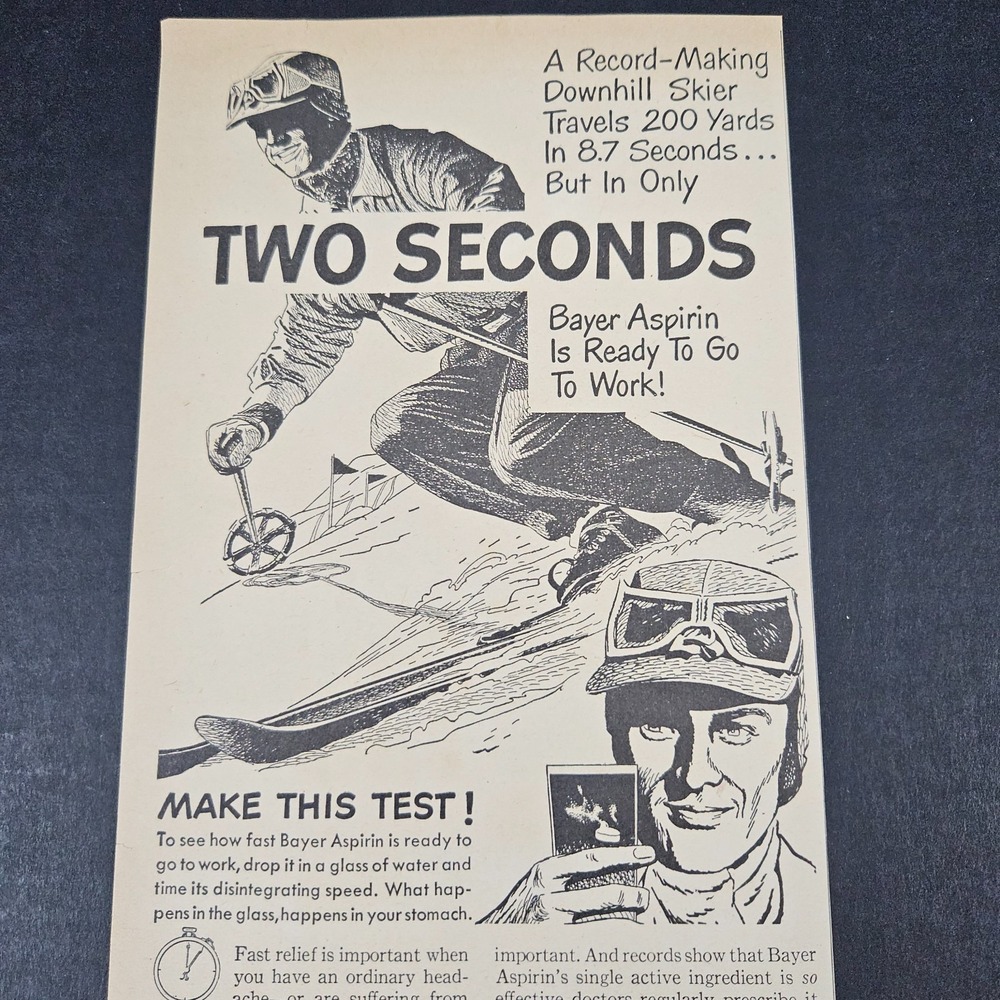 1948 Bayer Aspirin Pain Reliever Downhill Skier Vintage‎ Print Ad Two Seconds